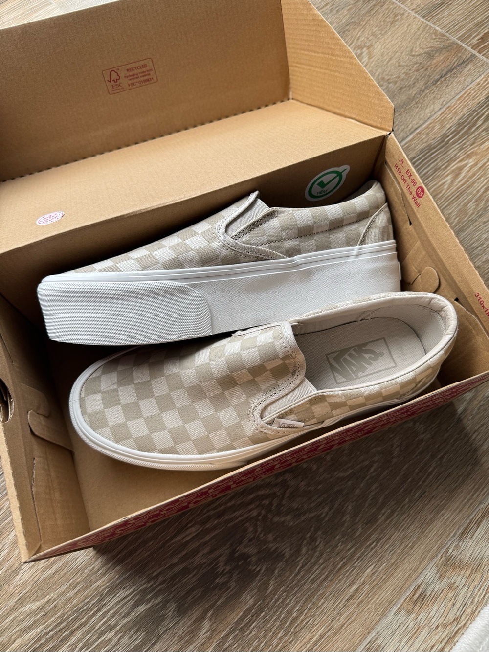 Platform Vans Slip-On Checkerboard in Beige and White